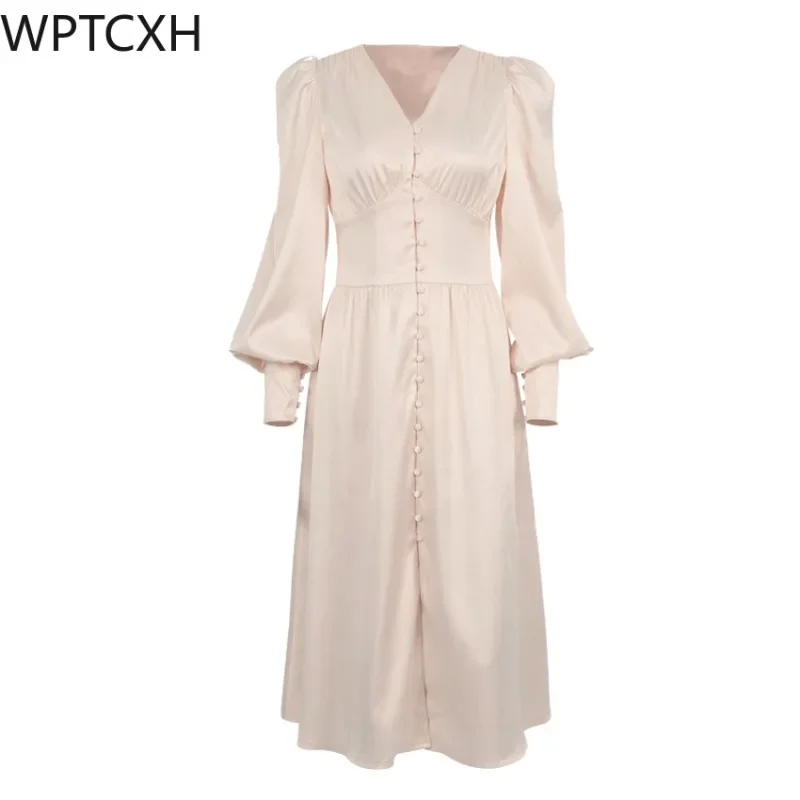 

2024 Spring New Satin Dress Female Design Sense Lantern Sleeve Waist Slimming European and American Temperament Slimming Dress