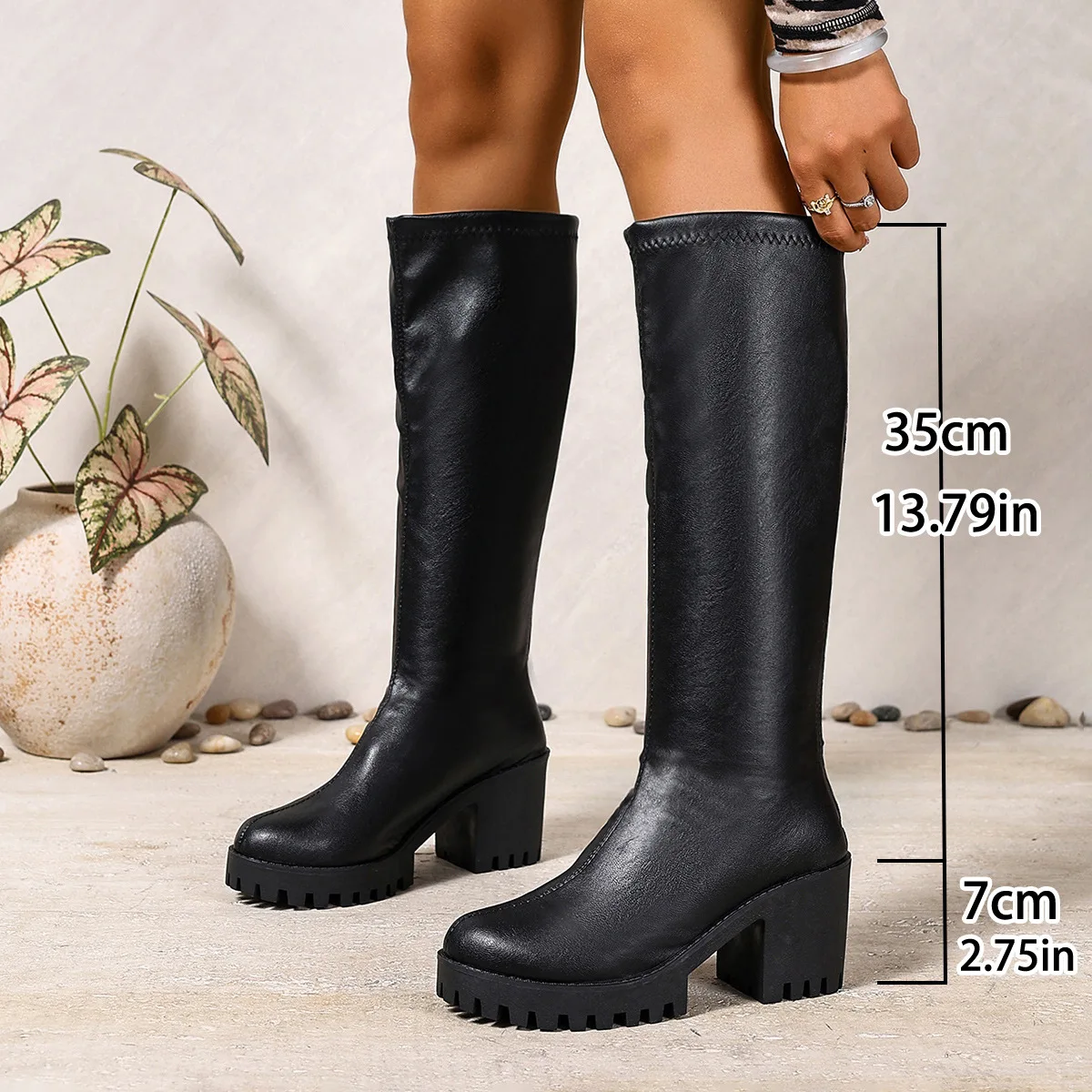 Winter New Round Toe Sexy and Comfortable Thick Heel Boots, Fashionable and Elegant Outdoor Knee High Knight Boots in Large Size