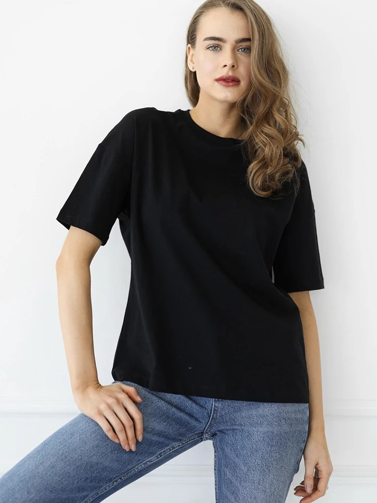 Hirsionsan 100% Cotton T Shirt Women 2023 Summer New Oversized Solid Tees Casual Basic Loose Tshirt Chic O Neck Female689_voghion.com