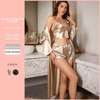 3PCS Sexy Women Pajamas Ladies Nightgowns Satin Robes Nightdress Sling and Short Women Robe - Image 2