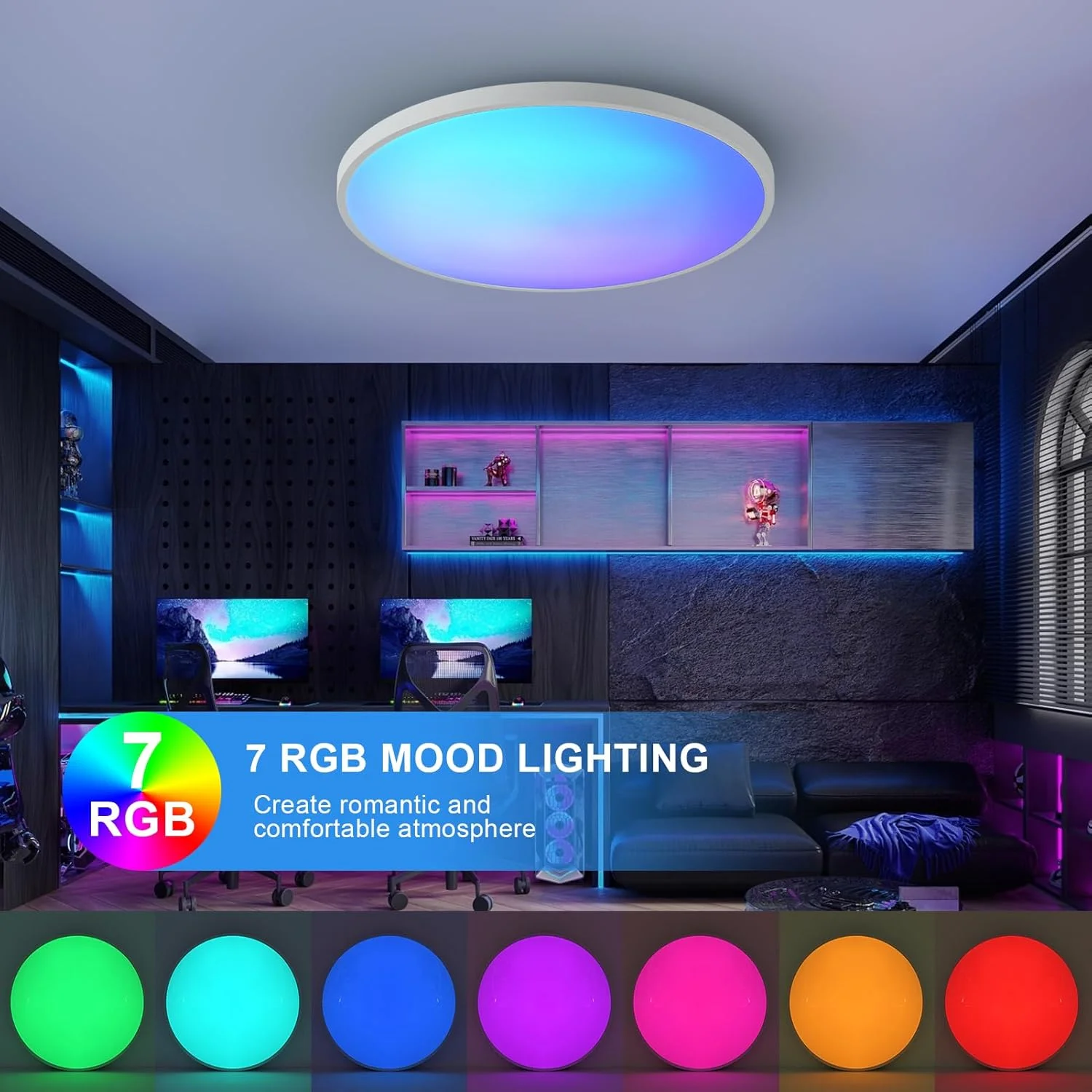 Akıllı LED Tavan Lambası, Kısılabilir Ortam Aydınlatması, RGBCW Lamba Uzaktan Kumanda ve APP ile Çalışır, Yatak Odası, Oturma Odası, Koridor, Mutfak Dekorasyonu