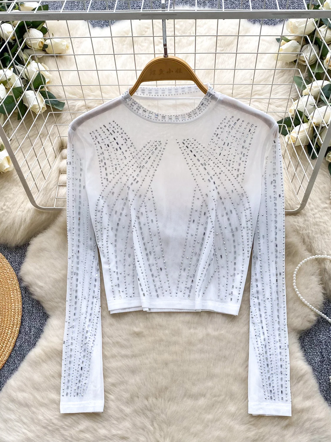 Slim Fit Long Sve T-irt Women's ort Sle Me Top Thin Summer Trendy round Ne Thermal Diamond Glitter Korean Sle