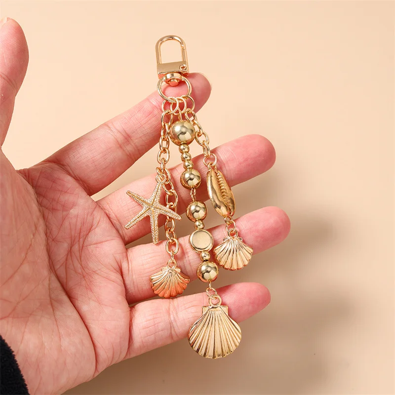 Aihua Y2K Goldfarben Herz Seestern Muschel Schlüsselanhänger für Frauen Mädchen Handtaschen-Anhänger DIY Schlüsselring Handgemachter Schmuck Geschenke