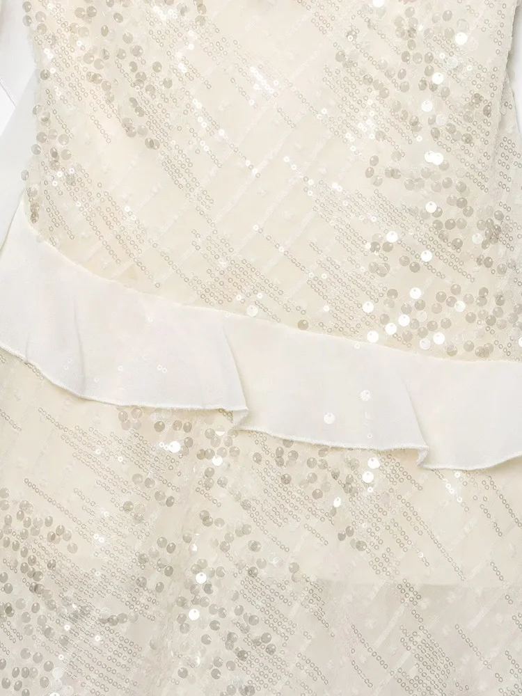 HXAO Slip Perlen Damen Kleider Rüschen Tüll Kurze Kleider Ärmellose weiße Damenbekleidung Rückenfreie Damen Midi Kleidung – Detail 6