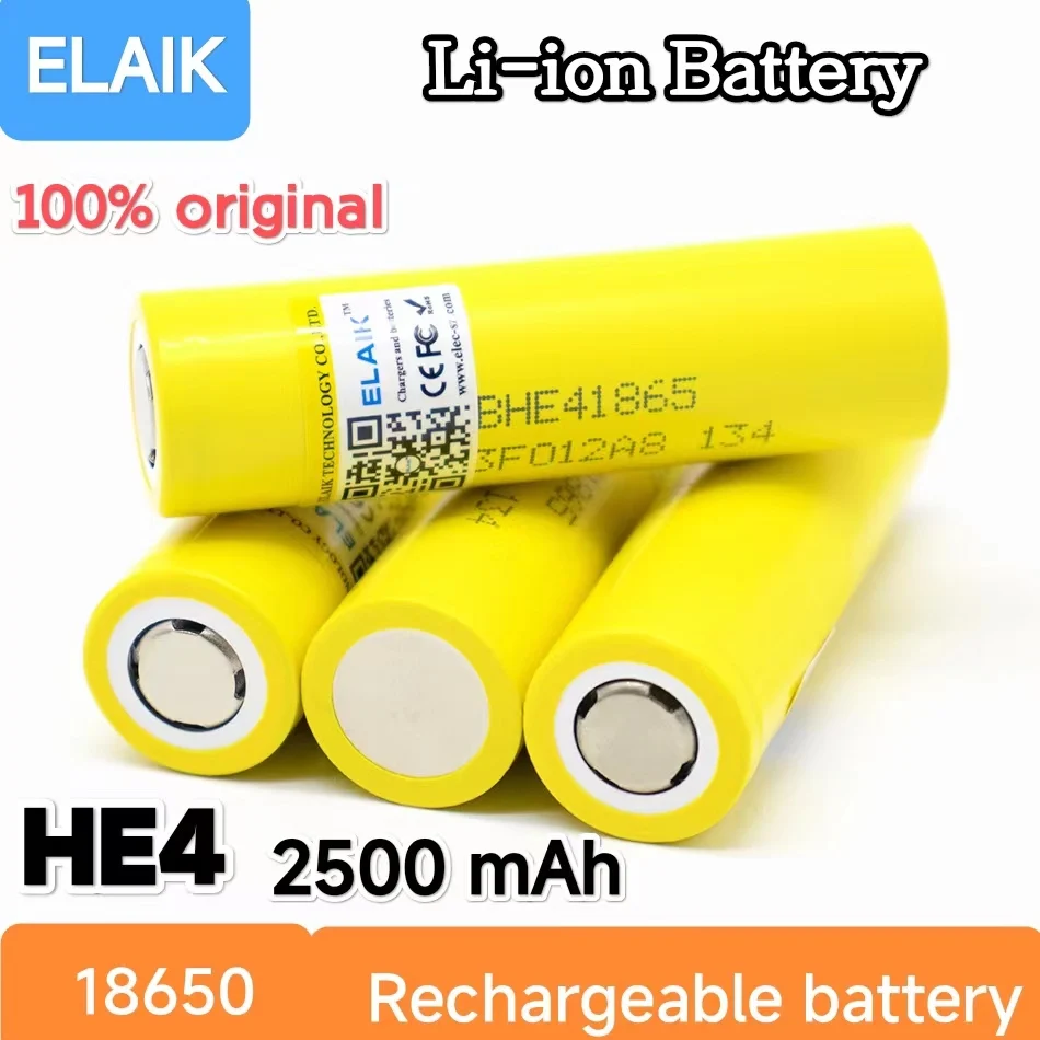 

ELAIK 4PCS HE4 2500mAh lithium battery 18650 3.6V rechargeable battery, maximum 20A, discharge 35A