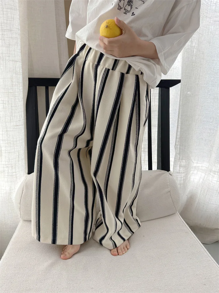 

2024 Spring New Children Striped Trousers Cotton Baby Boys Fashion Casual Pants Toddler Girls Loose Wide Leg Pants Kids Clothes