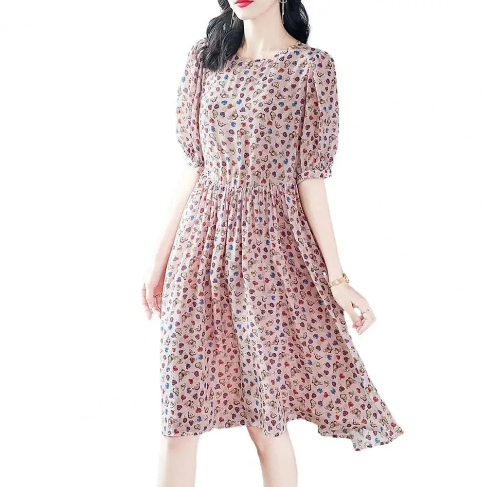 

Summer O-neck Dress Slim Waist Dress Floral Print Knee Length Beach Dress Loose Fit with Half Sleeves O-neck for Women Thin