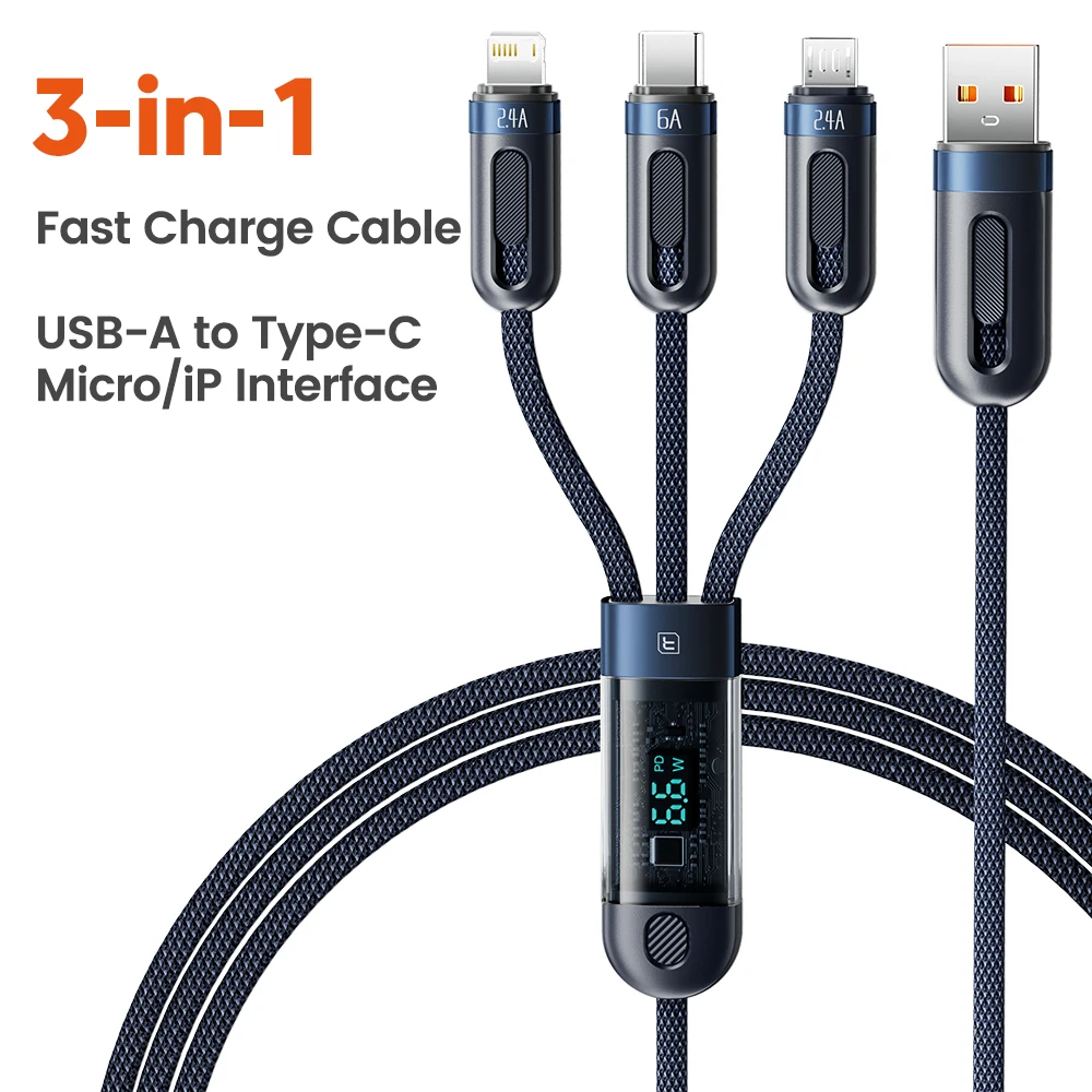 Toocki 3 in 1 USB Cable Micro USB Type C Cable 66W Fast Charging Digital