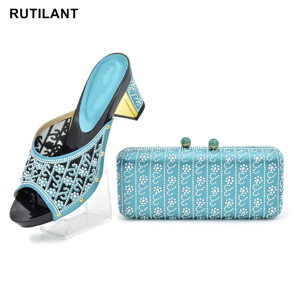 

Latest Design Italian Shoes with Matching Bags High Quality Nigerian Women Wedding Shoes and Bag Set Decorated with Rhinestone
