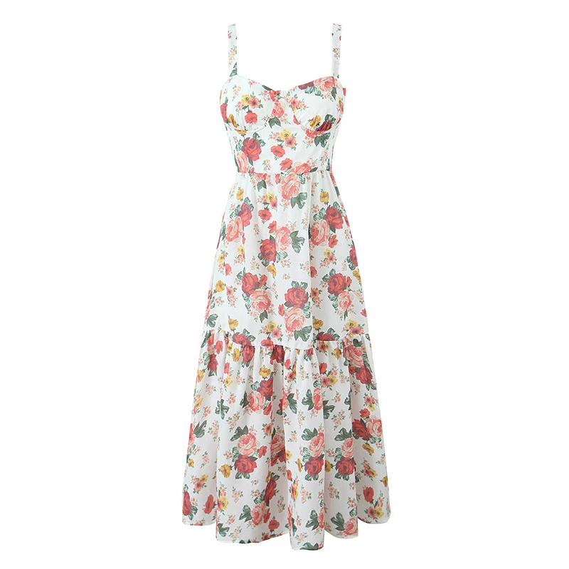 

Elegant Women Floral Print A-line Midi Sling Summer Dresses Party Robe Holiday