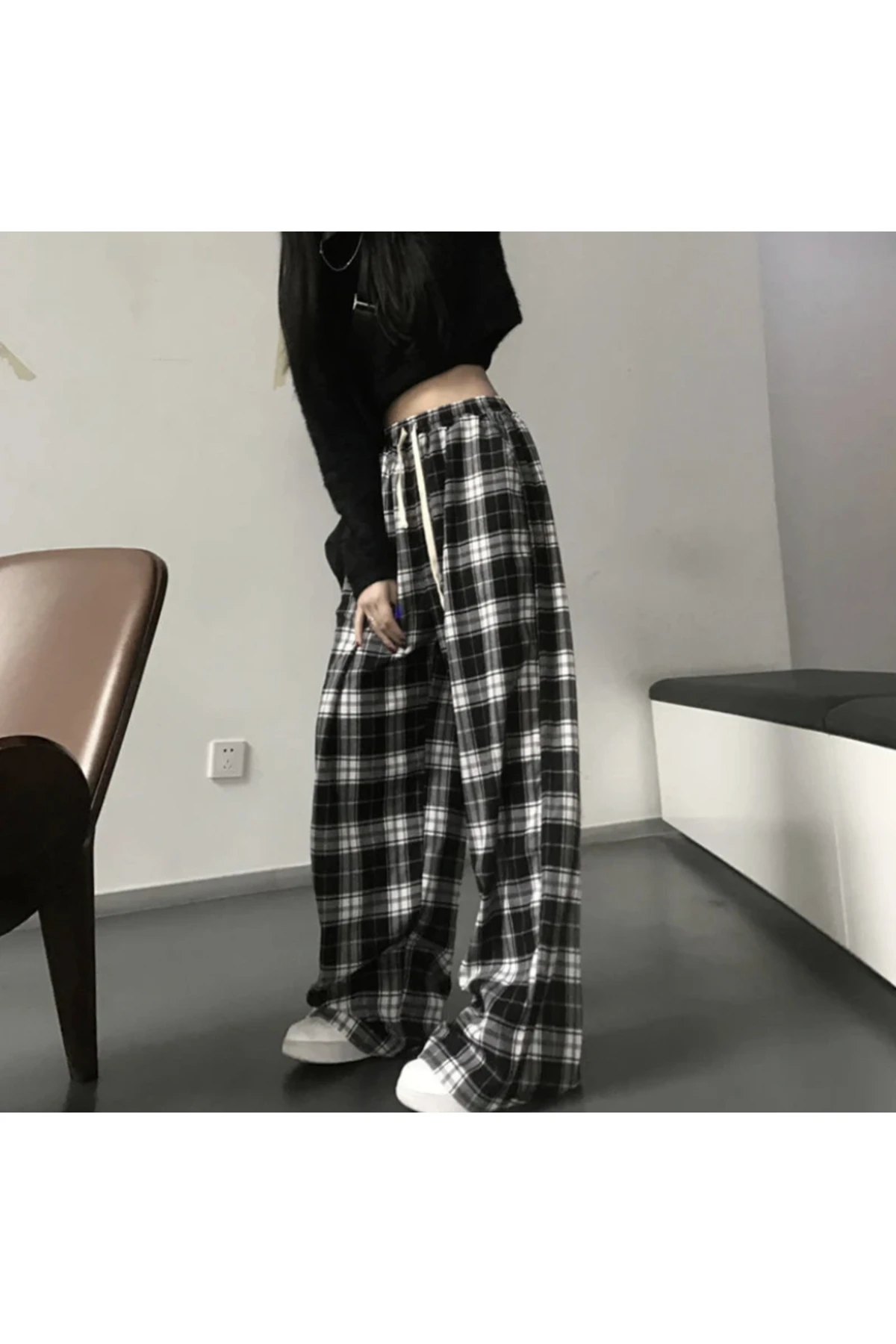 

Спортивный костюм Y2k в клетку, стандартный хлопок, повседневный/повседневный, с обычной талией, боковым карманом, из черной коровьей кожи, в полоску, на плоской подошве, унисекс