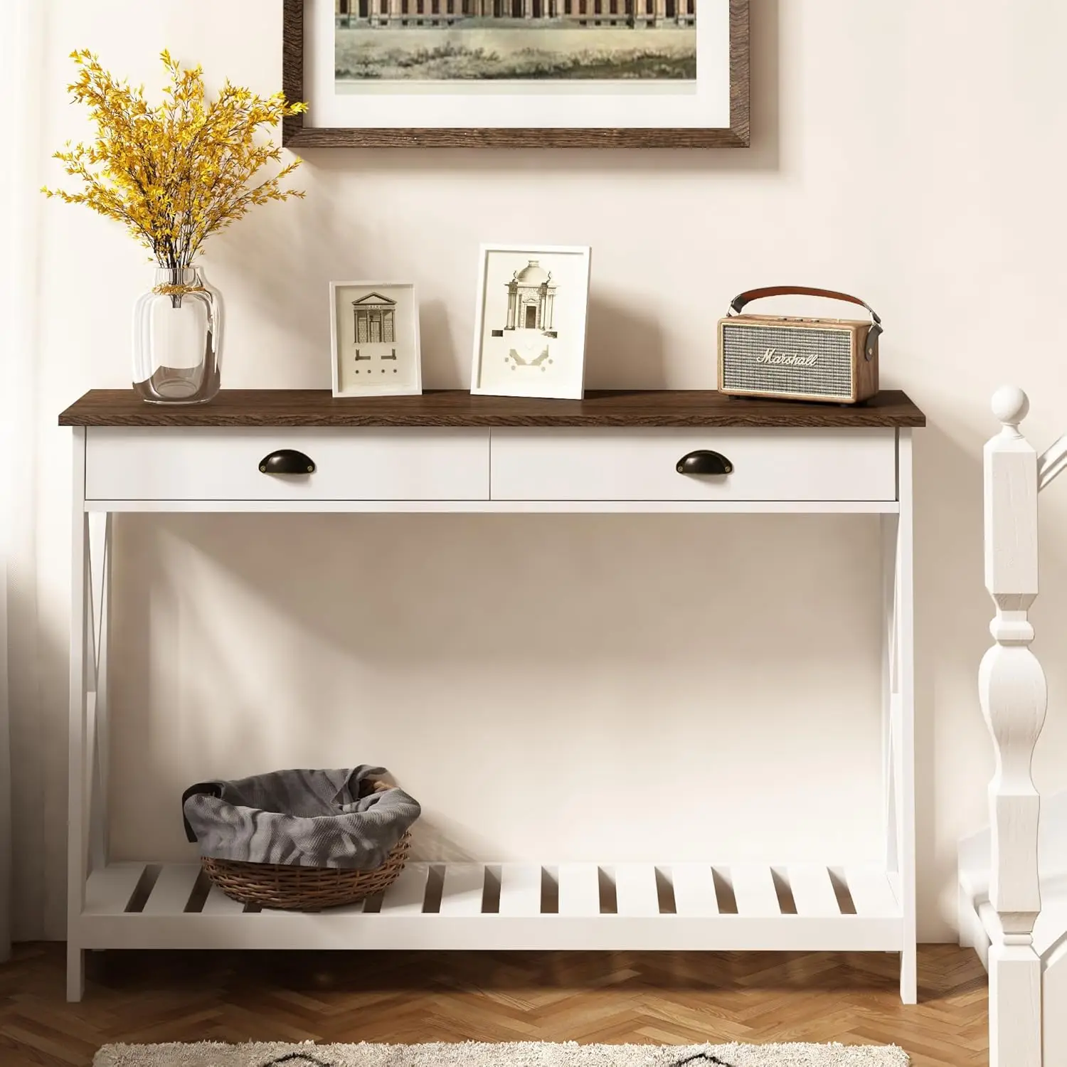 Farmhouse Console Table with Drawer for Entryway Narrow Long Entry Table with Shelf for Living Room, Rustic Vintage Hallway Sofa