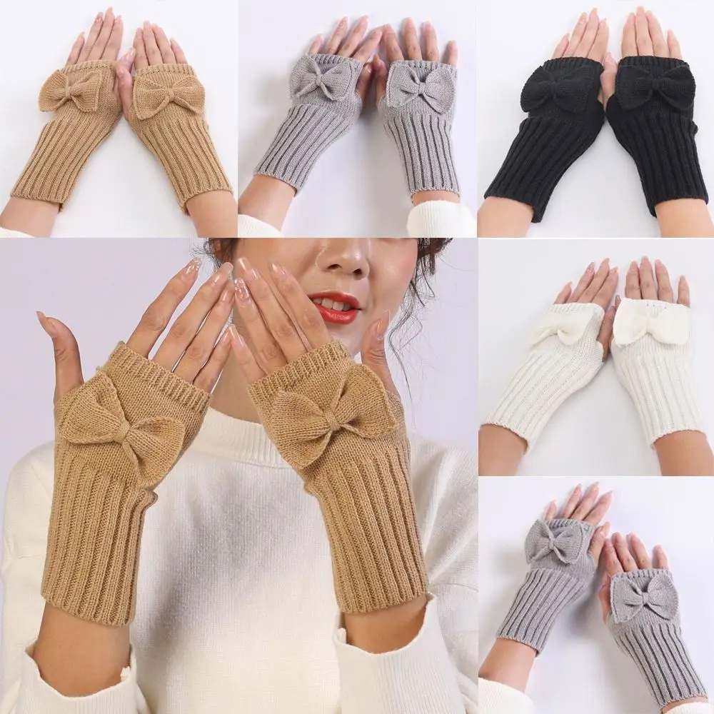 Comfortable Thick Warm Bowknot Knitted Gloves Elastic Keep Warm Half Finger Gloves Soft Arm Warmers Winter