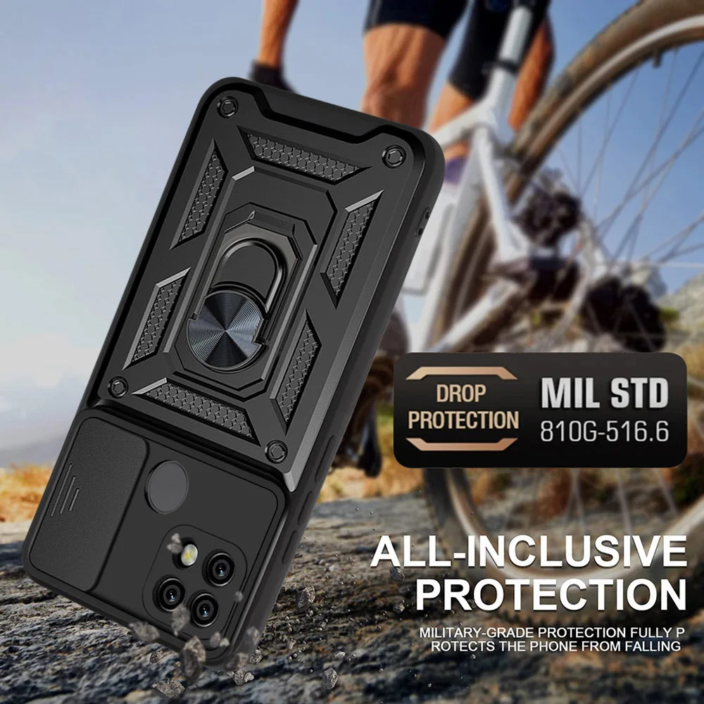 Shockproof Armor Case with Ring Holder and Slide Lens Cover Protection