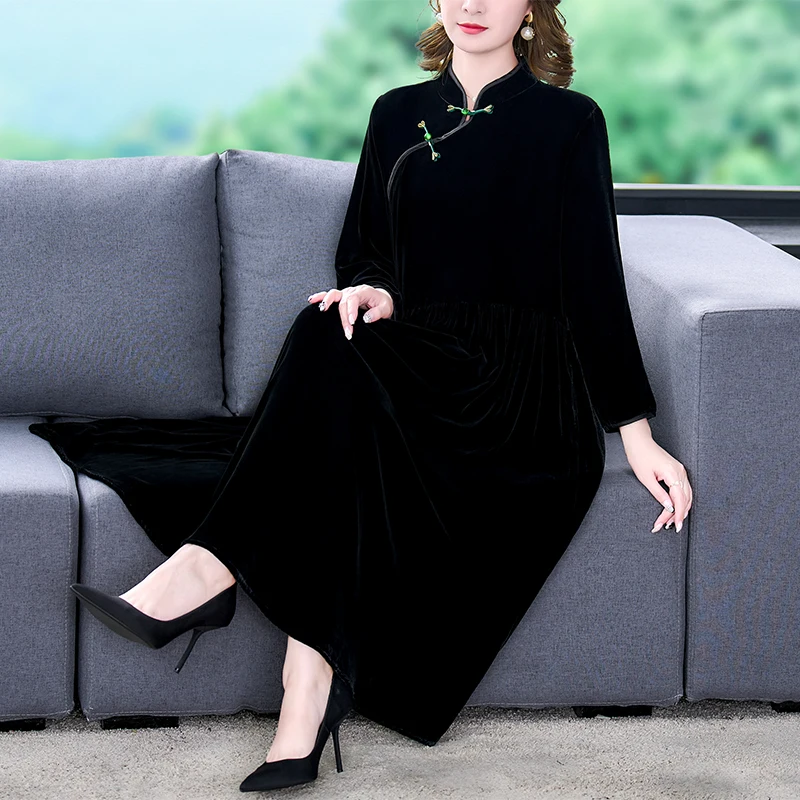 

2023 New Fashion Golden Velvet Dress Women's Autumn and Winter Versatile Black Qipao Style Loose Fit Casual Holiday Dress Vesido