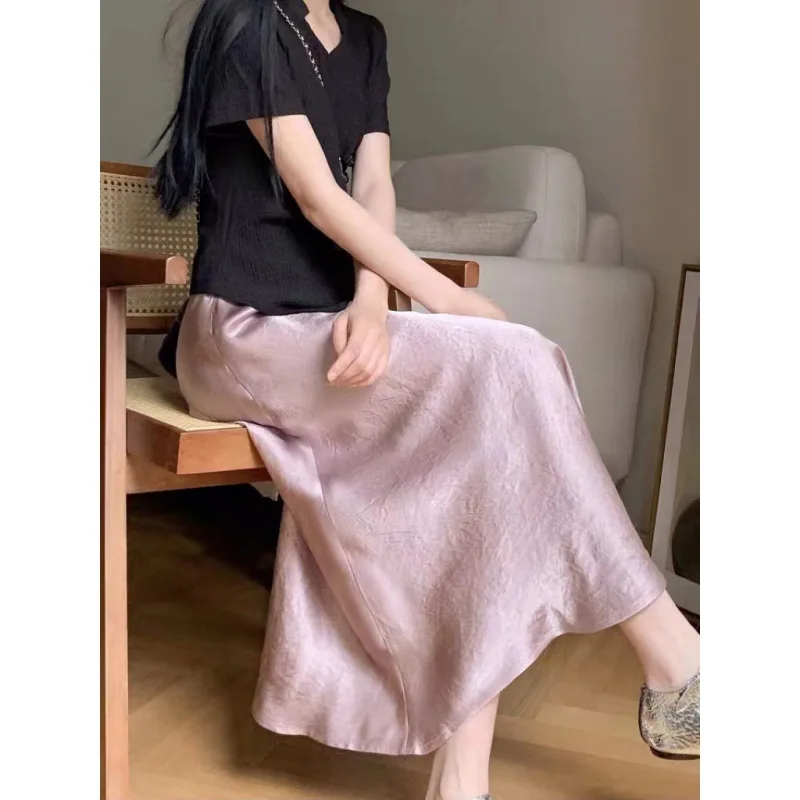 Silk Satin Skirts for Women Korean Style Champagne Office High Waist A-line Skirt Fashion Elegant Solid Long Pencil Skirt