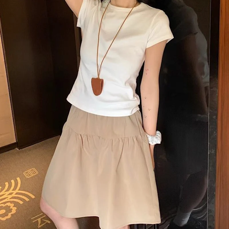 New Korean Summer Female Elegant A-line Skirts Lady Designer High Waist Thin Skirts Girls Fashion Solid Mid-Long Dress