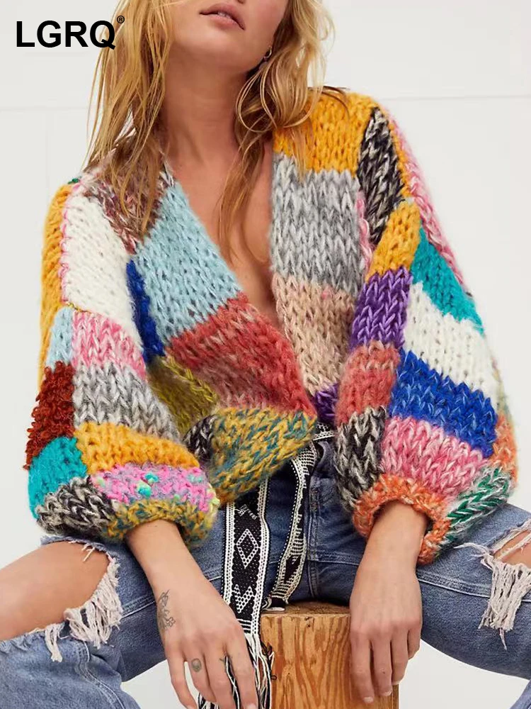 

LGRQ Colorful Splicing Design Women's Sweaters Lantern Sleeve Casual Loose Knitting Cardigan High Street Winter Girls 19F1938
