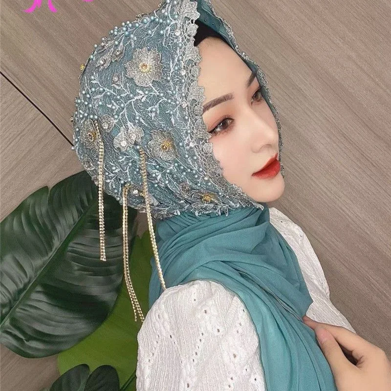 Luxury Muslim Wedding Hijab Scarves Embroidery Turban Hats Tassel Caps Malay Head Wrap For Women Beanie Dubai Islamic Head Scarf 5