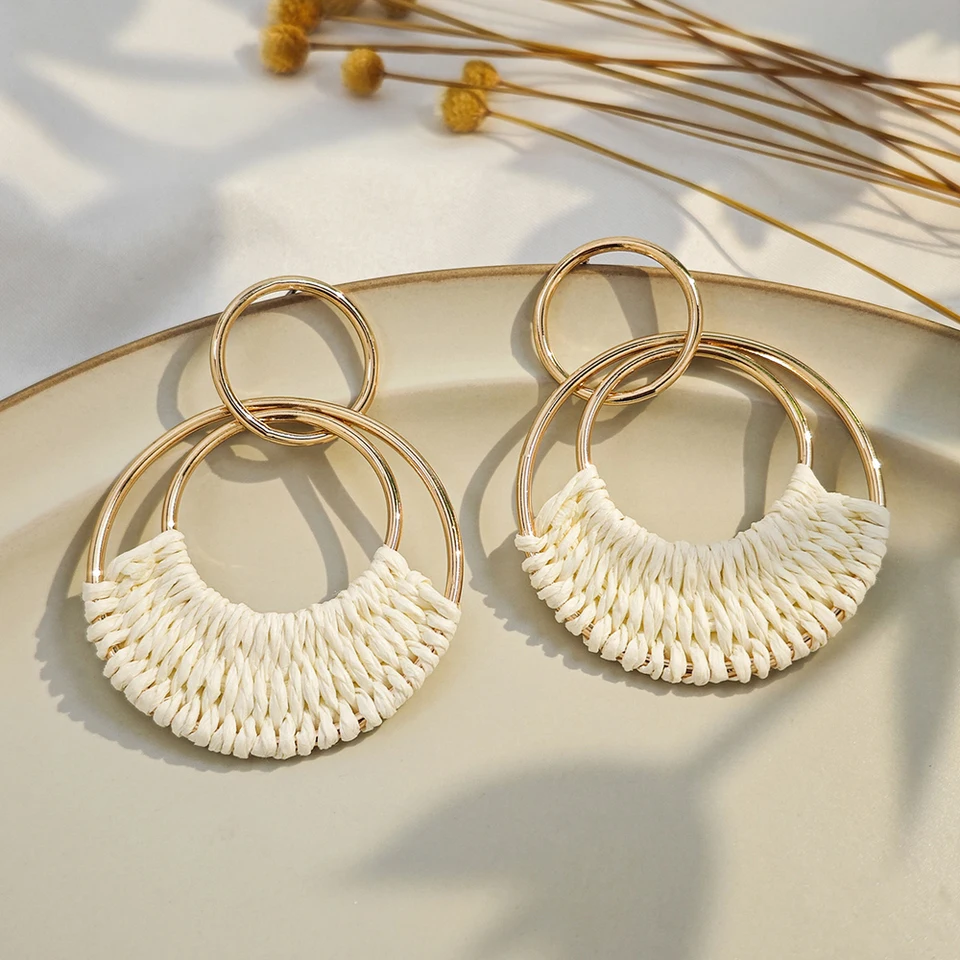 BSLVWG Orecchini In Rattan Con Nappa – Leggeri, Geometrici, Fatti A Mano In Fibra Naturale, Stile Boho, Pendenti Per Donna E Ragazza - 2