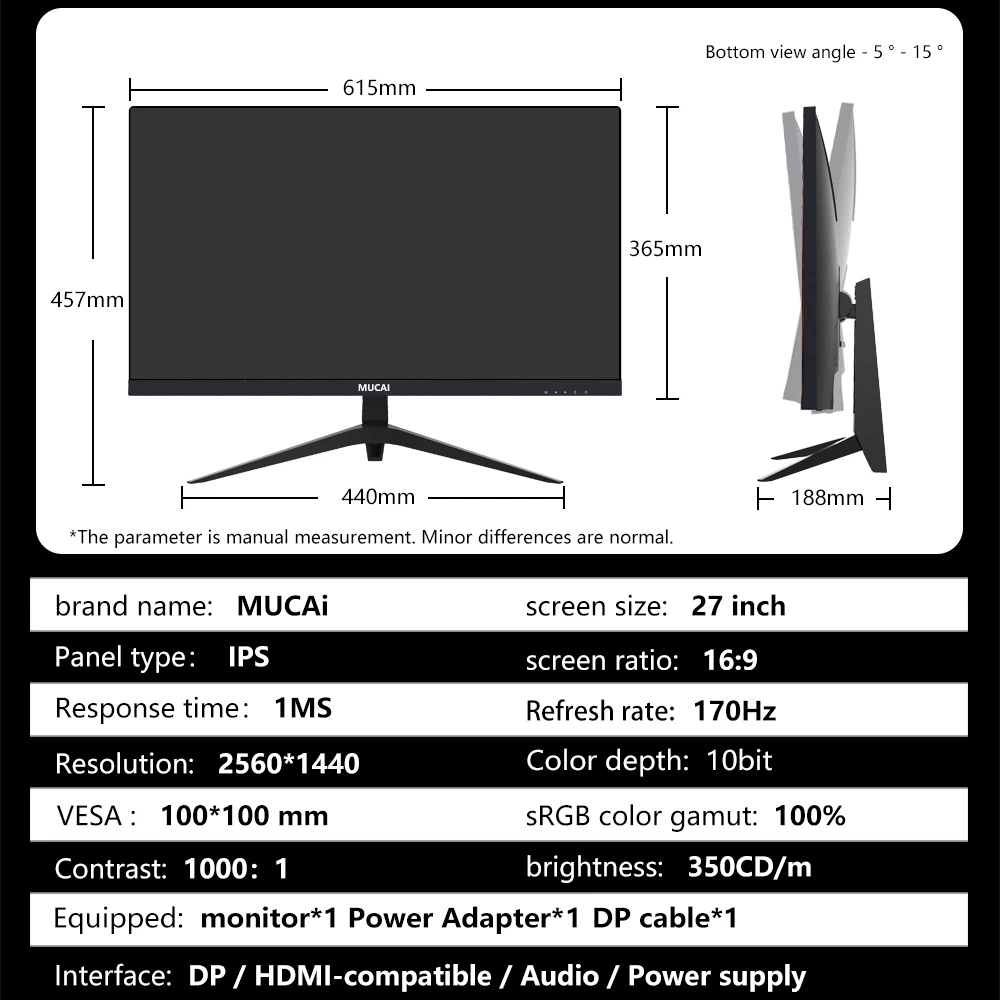 MUCAI-27 ġ 2K , 170Hz ũž PC lcd ÷, ӿ  г ũ ǻ LED, 2560x1440 HDMI ȣȯ, DP