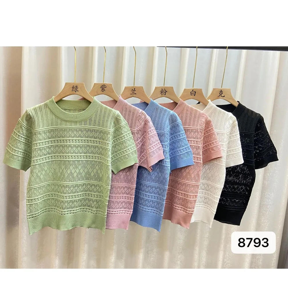 Temperament Knitted T-shirt Fashion Popular Sweet Round Neck Top Summer Casual Thin Hollow Out Top Beach Vacation