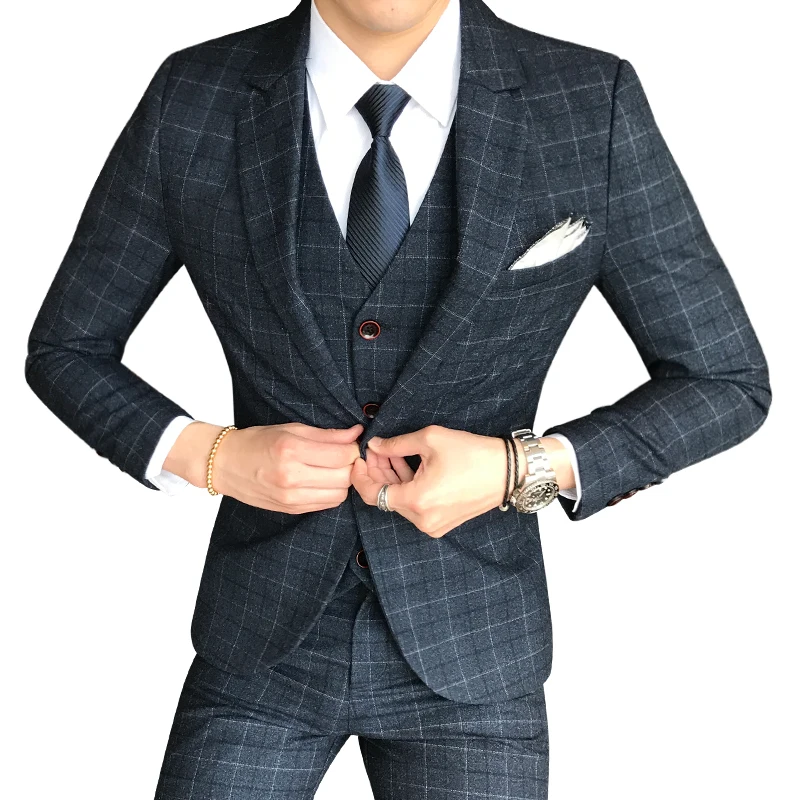 Wedding suit men Plaid Slim Fit Suit Three-piece set Groom Blazers Vest Pants Male Formal High quality Business Work Wear Suits