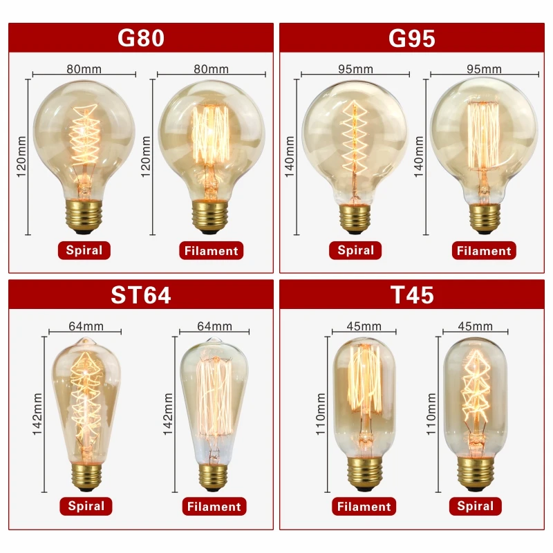 레트로 에디슨 전구 E27 220V 40W 전구 A60 ST58 ST64 T10 T45 T185 G80 G95 필라멘트 빈티지 앰플 백열등 나선형 램프