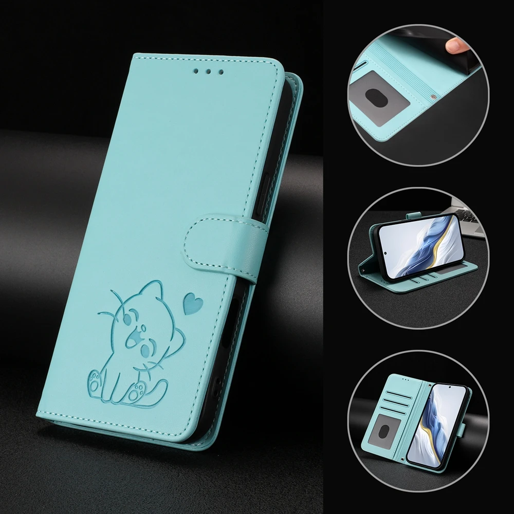 Leather Flip Phone Case with 3D Cute Cat Design