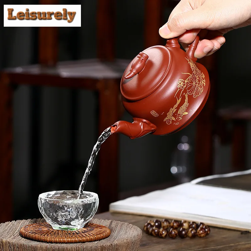 280ml Aesthetic Yixing Purple Clay Teapots Artists Handmade Gold Drawing Pot Raw Ore Dahongpao Mud Kettle Chinese Zisha Tea Set