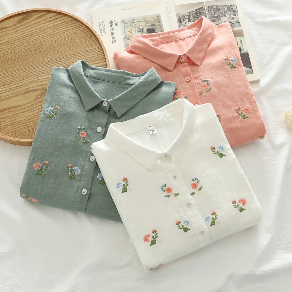 Summer Japanese Mori Girl Flowers Embroidery Double Layers Cotton Yarn Shirt Women Half Sleeve Peter Pan Collar Blouse Tops