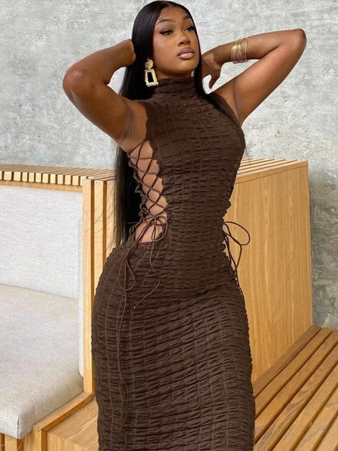 BOOFEENAA Bubble Texture Side Hollow Out Lace Up Sleeveless Bodycon Maxi  Dress Women Party Dresses Sexy Club Wear C70-DD35