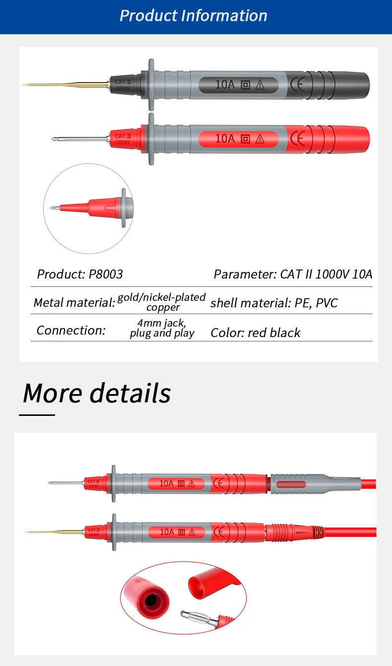 Cleqee P8003 1 Set 2 Stück Multimeter-Sonden Austauschbare Vergoldete Nadeln Mehrzweck-Teststifte – Detail 3