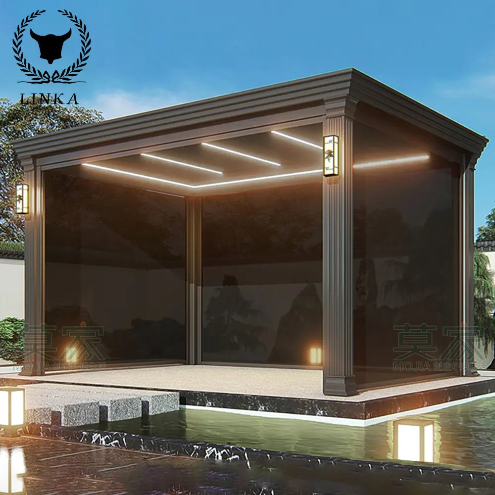 

Outdoor Electric Gazebo Automatic Telescopic Shutters Garden Sunshine House Aluminum Alloy Shading Room
