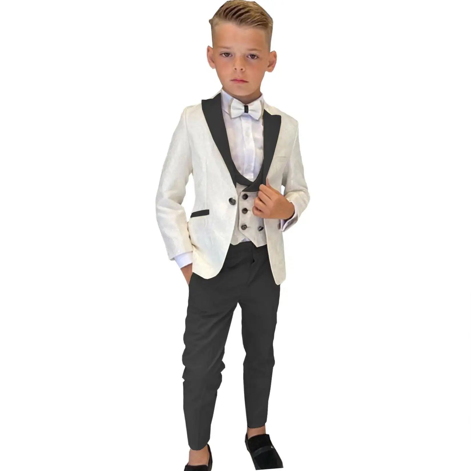 Traje de três peças para crianças, jaqueta Jacquard marfim, smoking para meninos florais, terno de festa formal, terno de casamento infantil