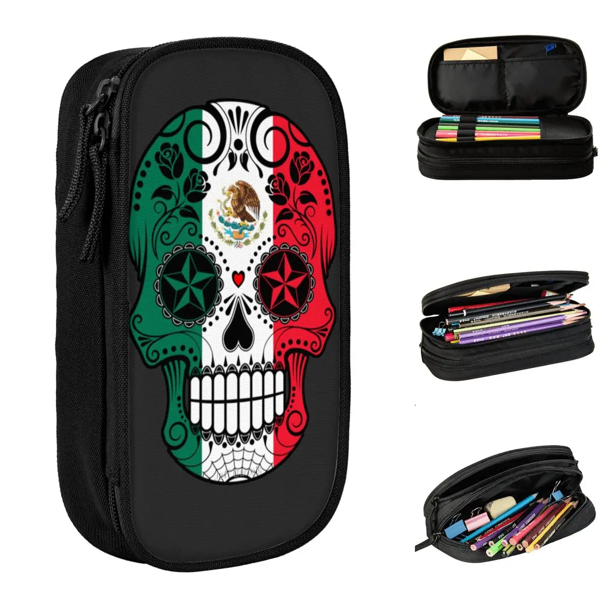 

Sugar Skull Roses And Flag Of Mexico Pencil Cases Pencil Box Pen for Girls Boys Big Capacity Bags Office Zipper Stationery