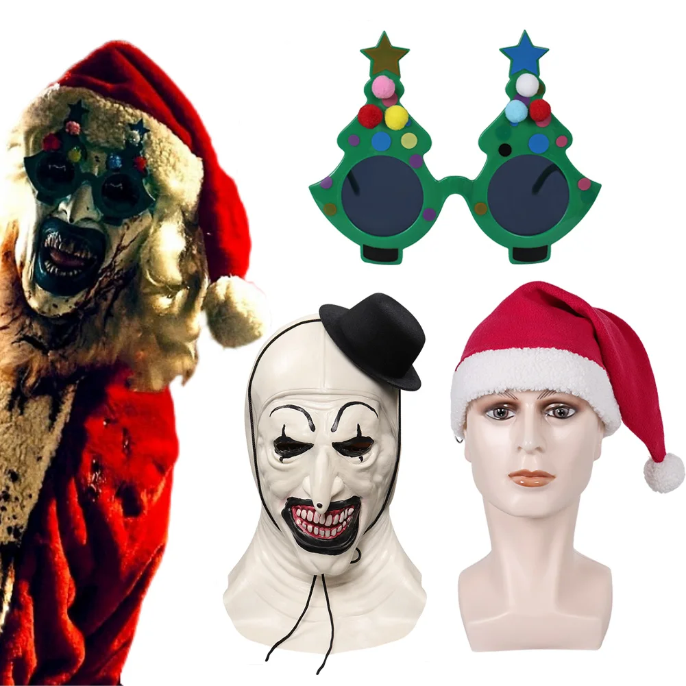 Art Clown Santa Claus Glassess Mask Hat Movie Terrifier 3 Cosplay Fantasy Costume Accessories Men Fantasia Prop Man Xmas