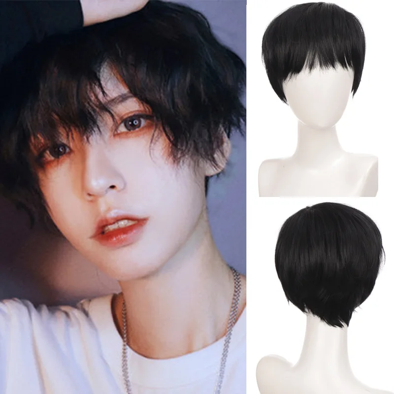 Men Short Anime Wig Black Blonde Synthetic Wigs With Bangs For Boy Cosplay Costume Halloween Party synthetic blonde wig with bangs short none lace front wig for women middle parting daily cosplay party heat resistant bang wig