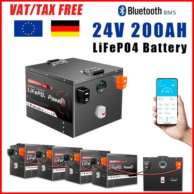 Batterie LiFePO4 24V 200Ah avec BMS Bluetooth 25.6V 5KW, surveillance mobile, cycle profond, pour stockage solaire domestique, camping-car, bateau, onduleurs, PV 1
