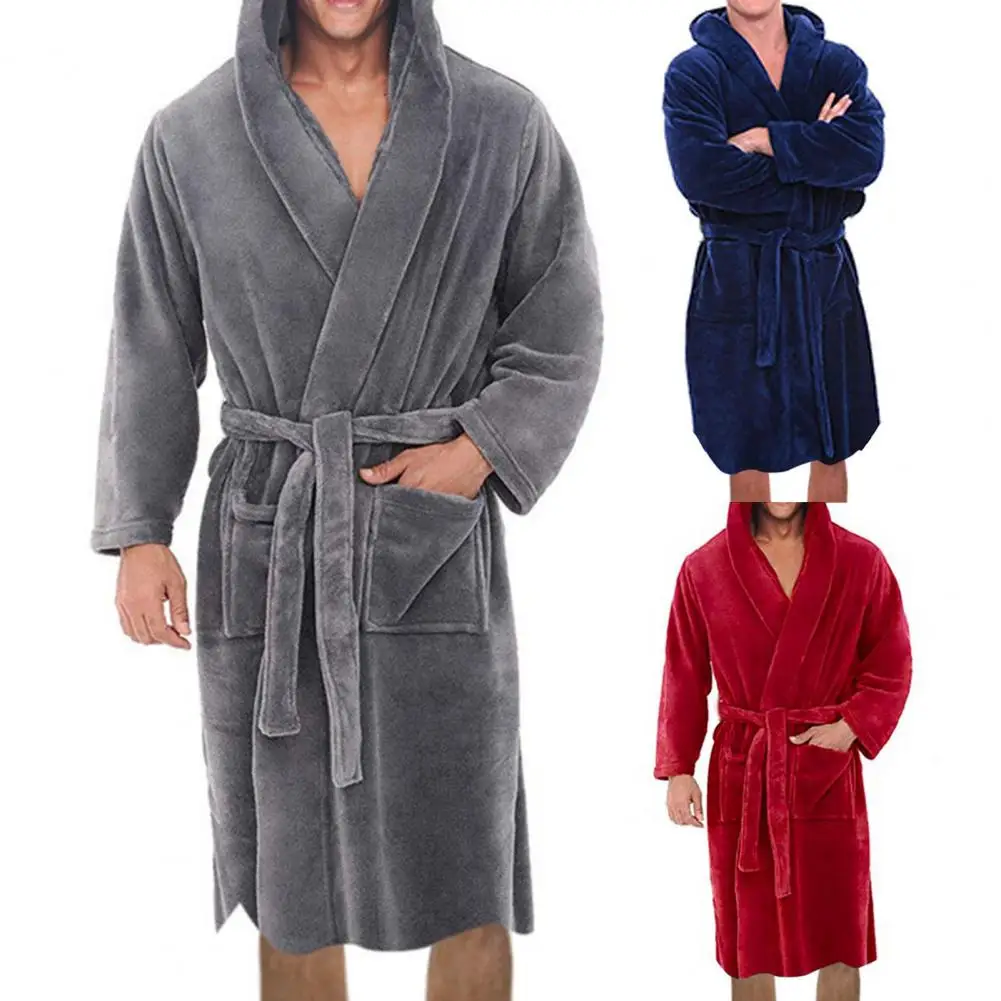 Belt Flannel Bath Robe for Men Pockets Warm Men Hooded Nightgown Plush Bathrobe Men Sleepwear Home Clothes Loose Pajamas Robe
