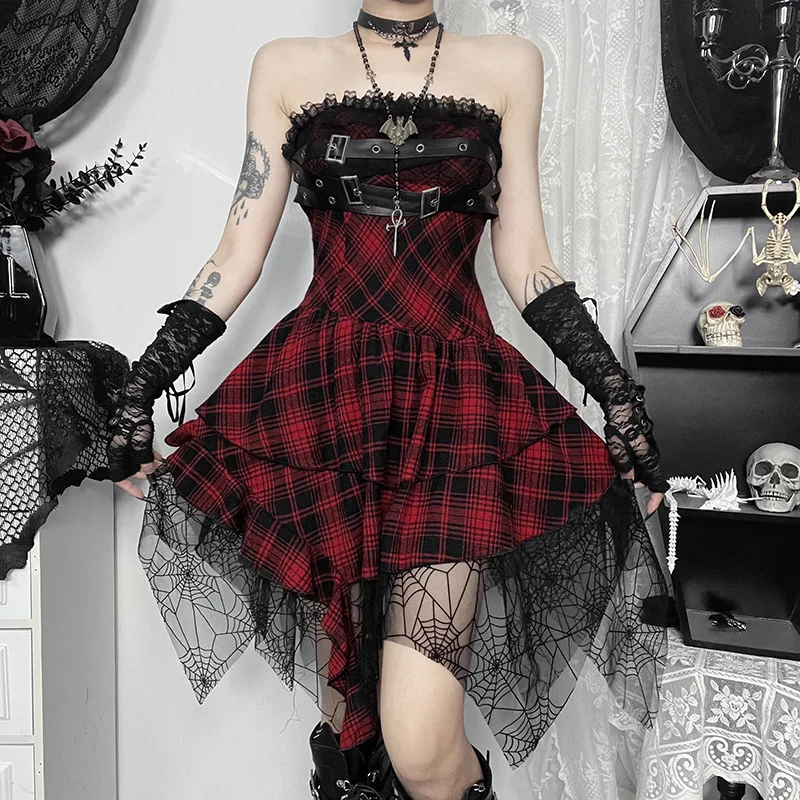 Y2K Black Bandage Summer Party Dresses for Women Goth Sexy A-Line Sleeveless Plaid Bodycon Mini Vestido Short Dresses Streetwear 3