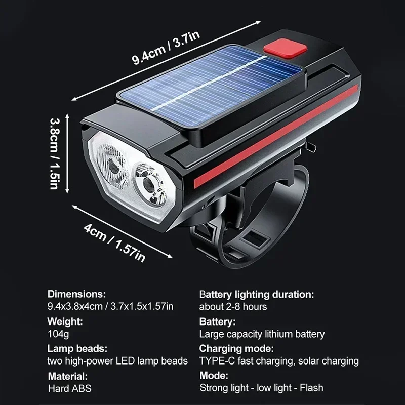 Bike Headlight Bicycle Horn Light USB Rechargeable Mountain Road Bike Front Lamp Power Solar Charging Cycling 120dB