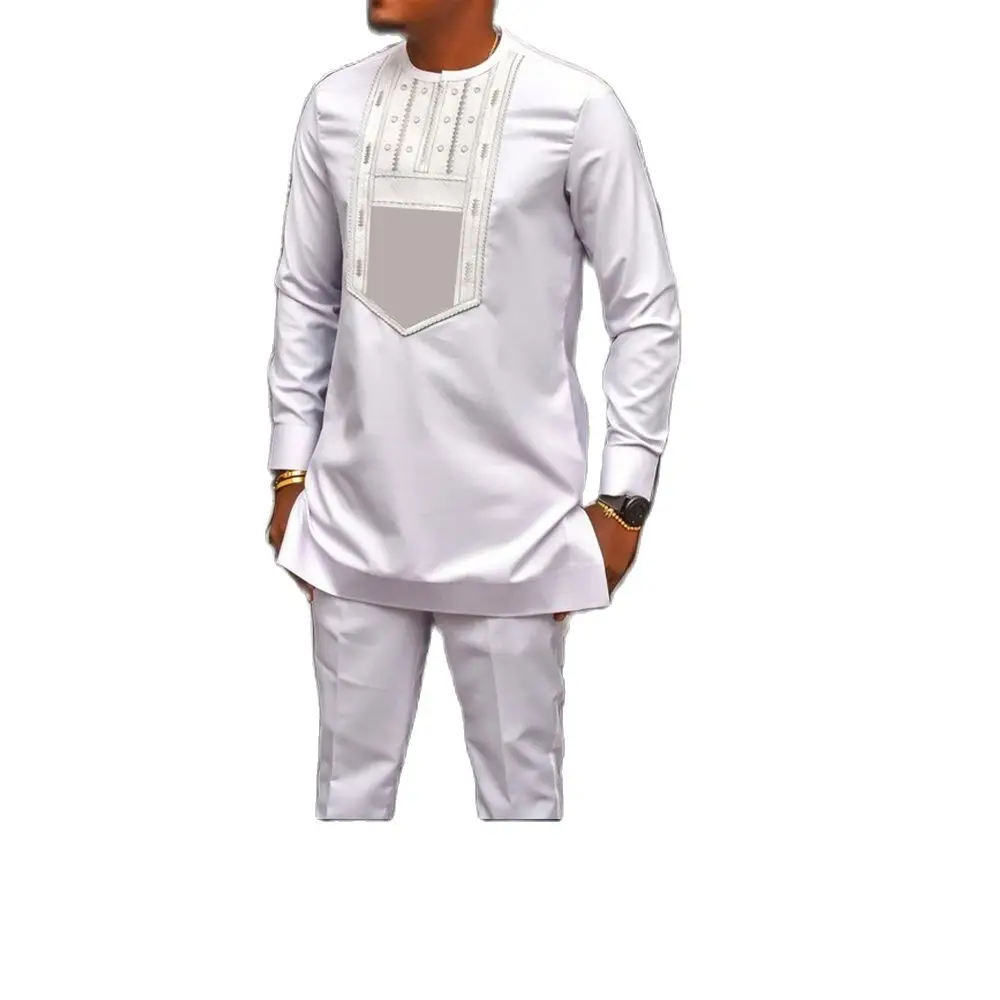 Kaftan Mens Track Suits 2PCS Embroidered Top Shirt Trousers African Ethnic Casual Traditional Clothing Wedding Men Sets Outfits