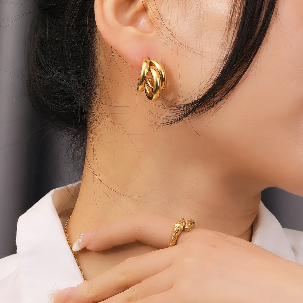 CARLIDANA Large Triple Layer C-Shaped Women Earrings Stainless Steel Gold-Plated Metalized Texture Geometric Thick Hoop Earrings 5