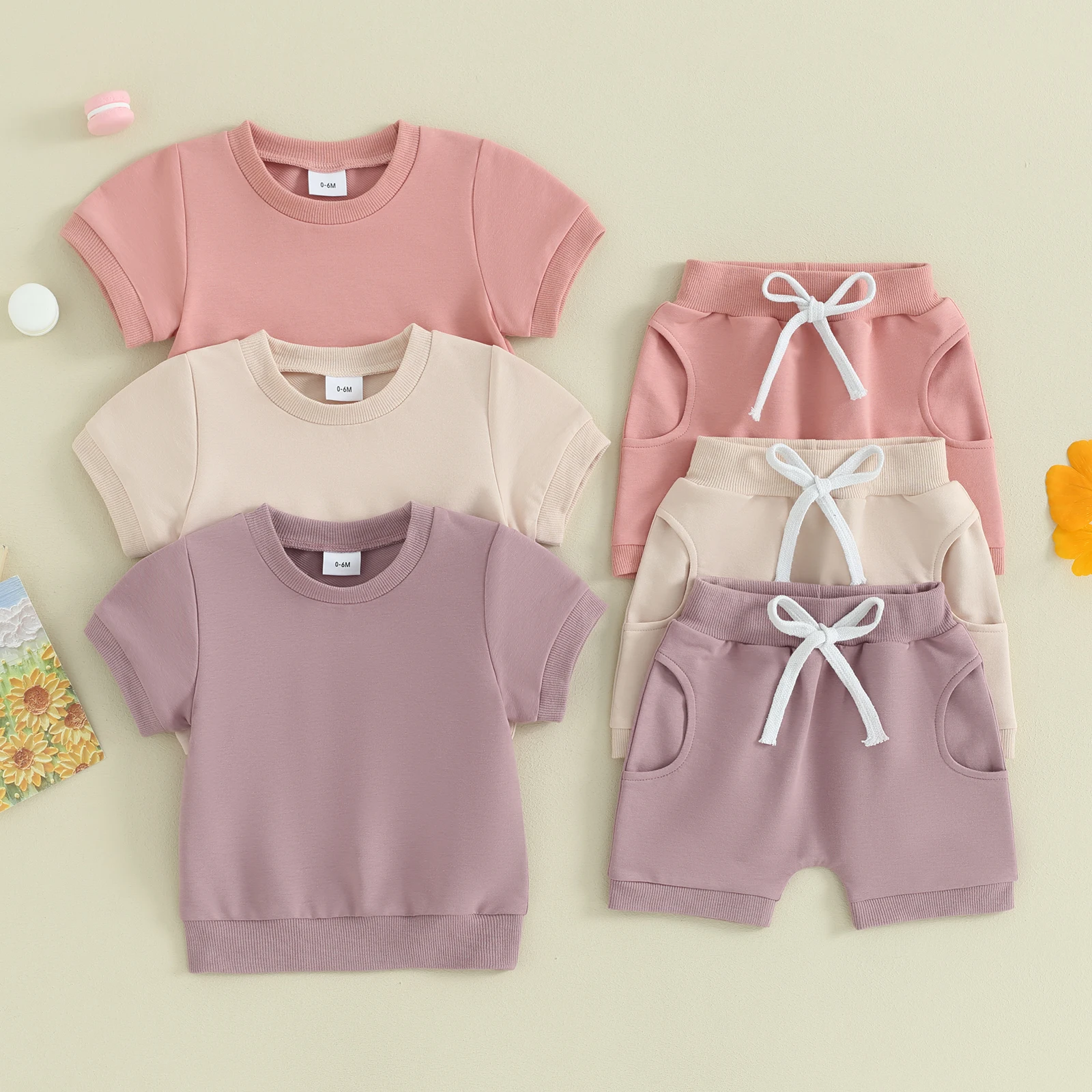 

Toddler Girl Summer Sweatshirt Outfit Solid Color Crew Neck Short Sleeve T-Shirts Tops Shorts Casual 2Pcs Kids Clothes Set