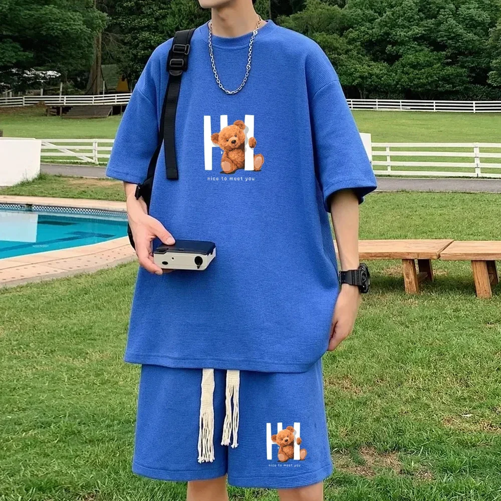thumbnail image 1 of Conjunto de verano para hombre, camiseta con estampado de gofres, pantalones cortos, traje, diseño de marca elegante, pantalones deportivos de moda, conjunto de 2 piezas, 1 of 5