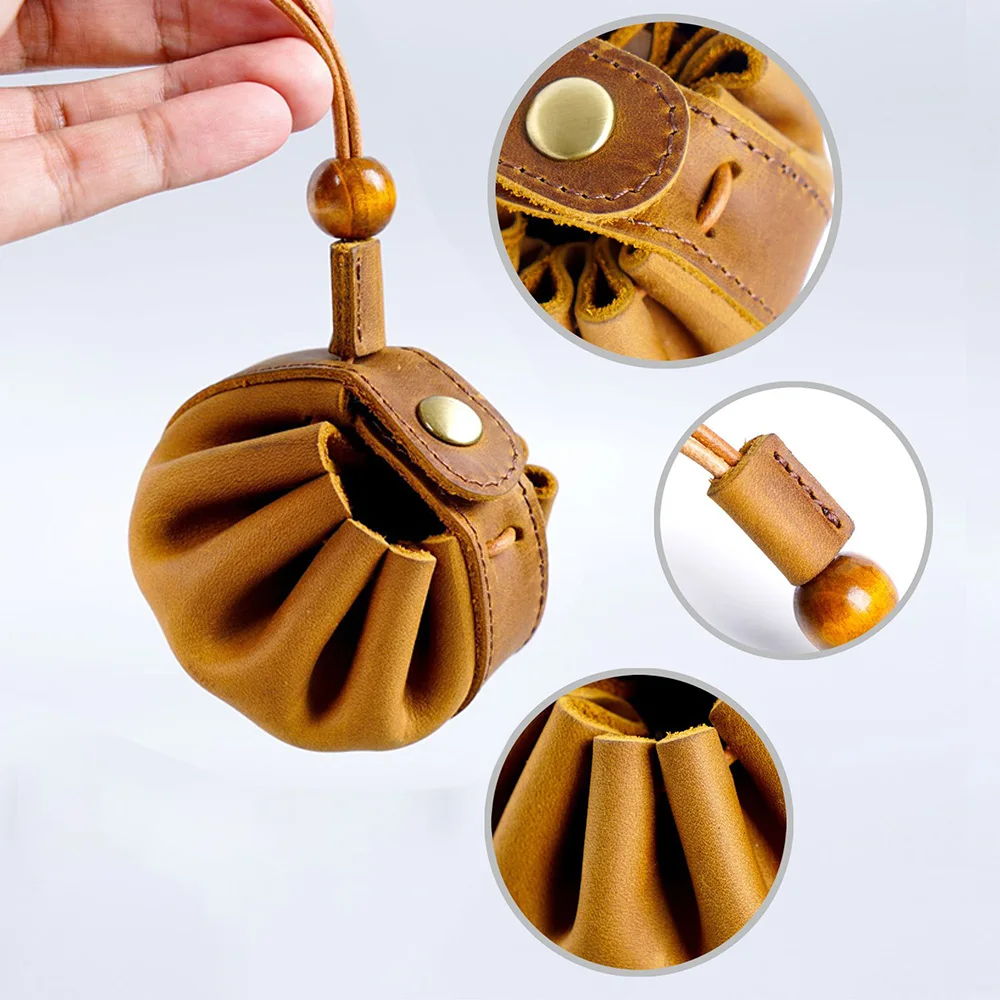 Vintage Mini Coin Purse Men Women Drawstring Hasp Storage Bag Leather Round Purse Cowhide Small Money Pocket Creativity Gift