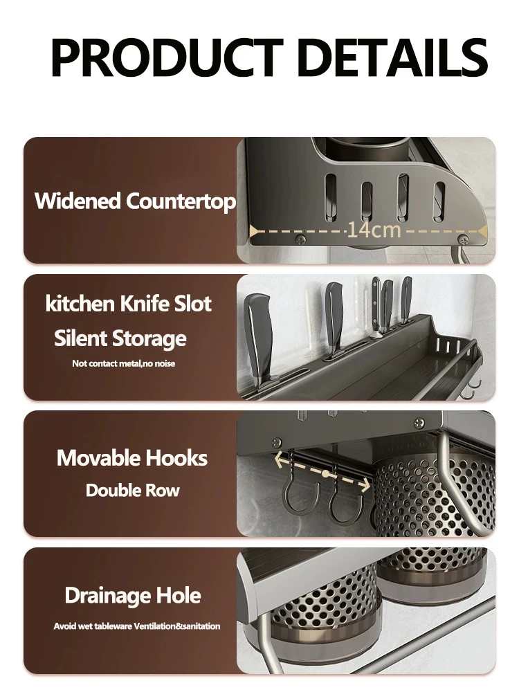 Kitchen Organizer Shelf Wall-mounted Spice Storage Rack Kitchen Knife Holder Wall Seasoning Chopstick Spoon Shovel Storage Shelf