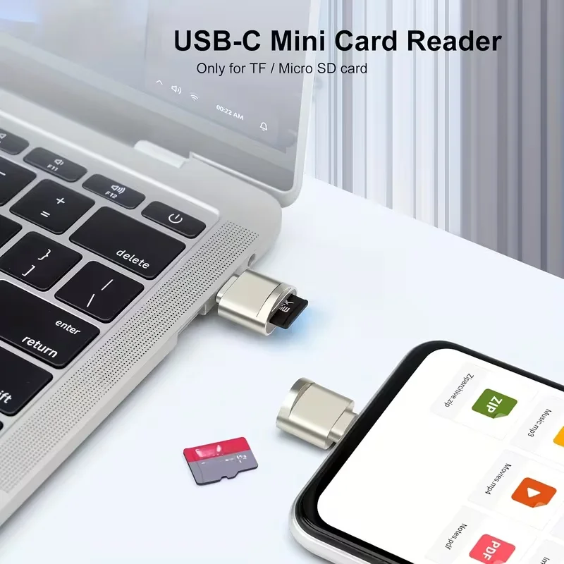 USB C-SD 카드 리더기, 마이크로 SD 카드와 호환 가능, USB 어댑터와 끈 포함, 노트북과 함께 사용하도록 설계됨