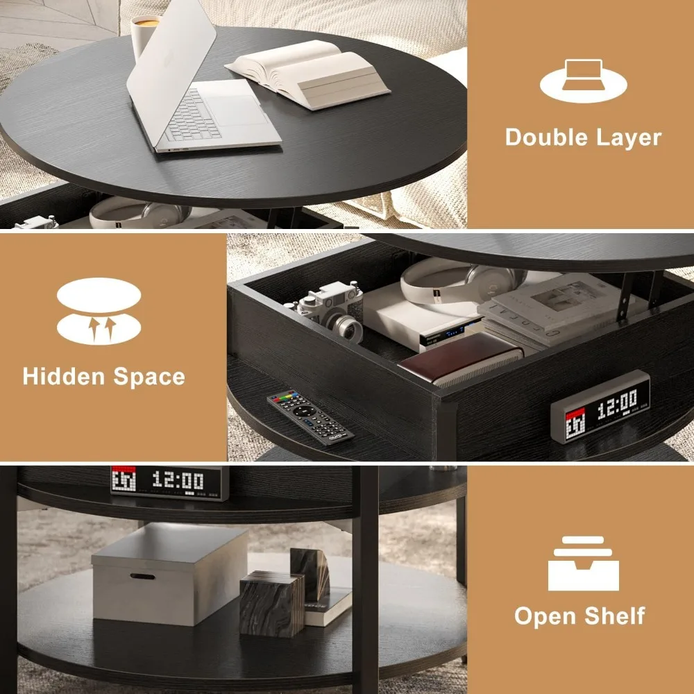 Round Lift Top Coffee Tables , Coffee Table for Living Room Reception Room, 2 Tier Small Round Coffee Table Circle Dining Tables 5